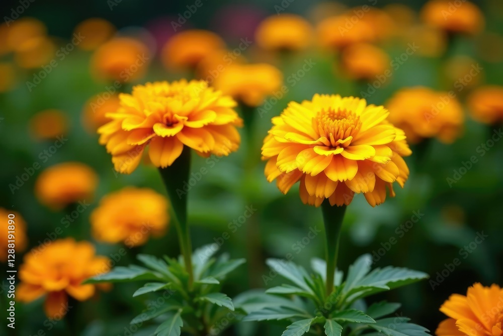 Marigold flowers in a garden bed with other plants, colors, marigold, yellow Marigold flowers in a garden bed with other plants, colors, marigold, yellow