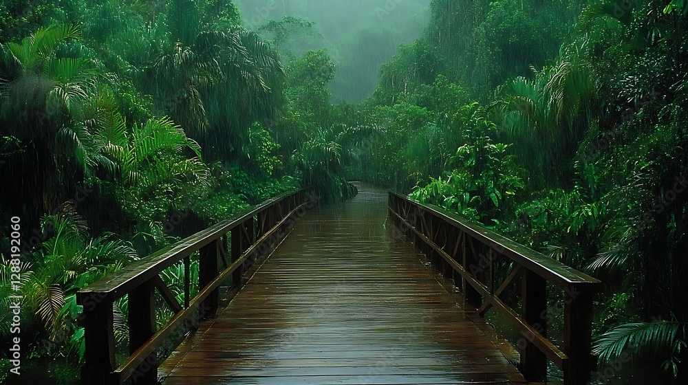 Fototapeta premium Rain-soaked jungle boardwalk
