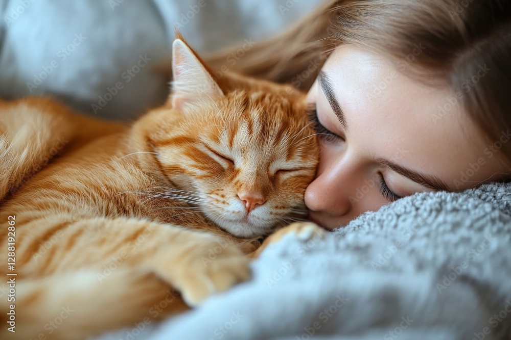 Woman cuddles with ginger cat while resting comfortably in bed on a cozy morning Woman cuddles with ginger cat while resting comfortably in bed on a cozy morning