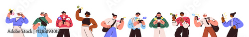 Set of people are using smartphone. Old and young users talk on the telephone, texting in chat. Men and women communicate on the phone call. Flat isolated vector illustrations on white background