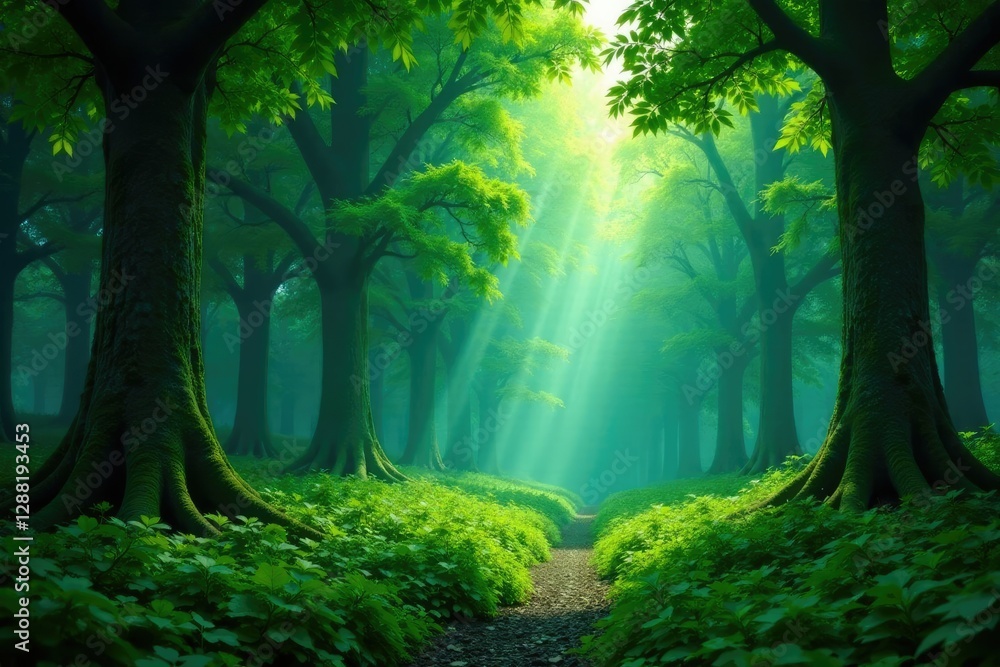 Fototapeta premium Verdant forest with towering trees and lush greenery, botanical, verdant, plant life