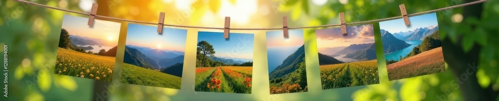 Fototapeta premium Overlapping landscape photos strung on a clothesline , wind-blown objects, outdoor photography