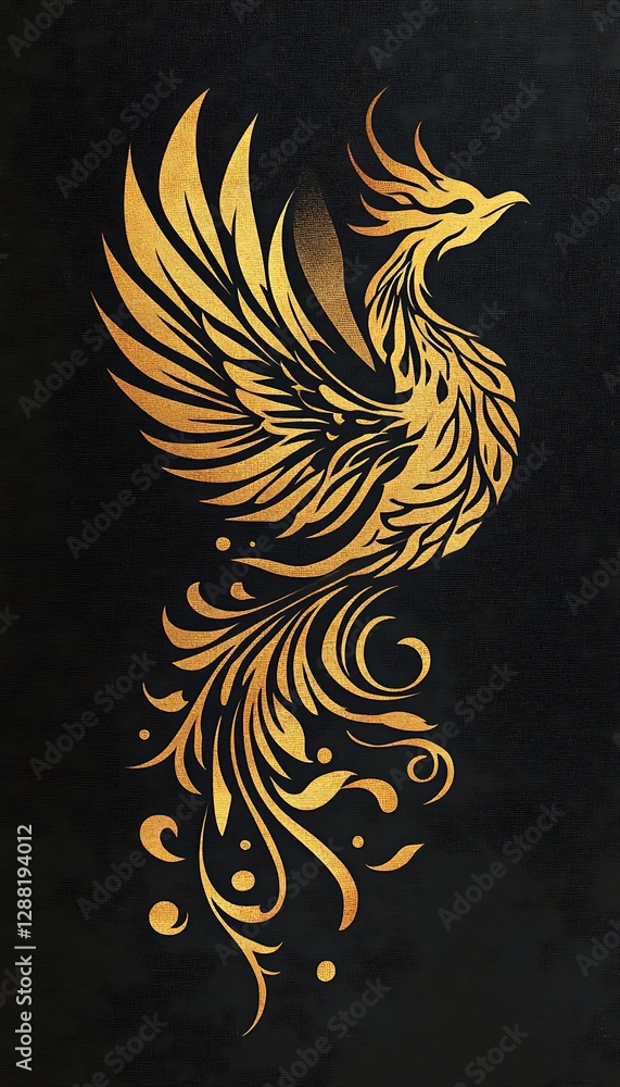 Golden phoenix rising, dark background, mythical art Golden phoenix rising, dark background, mythical art