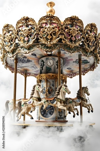 Spinning Carousel Made of Banknotes with Clocks as Horses