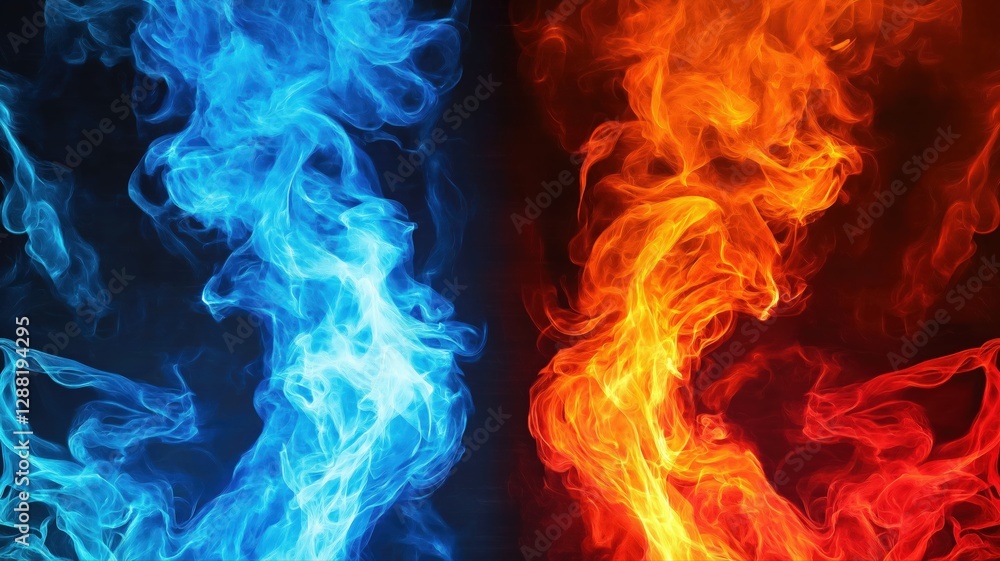Fototapeta premium Colorful blue and red flames, Fire and ice background