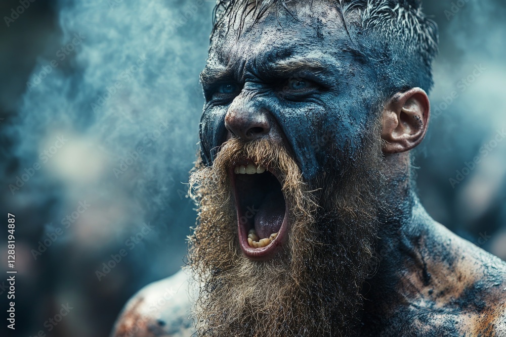 Warrior with battle paint shouting passionately during a tribal celebration in a forest setting at dusk Warrior with battle paint shouting passionately during a tribal celebration in a forest setting at dusk