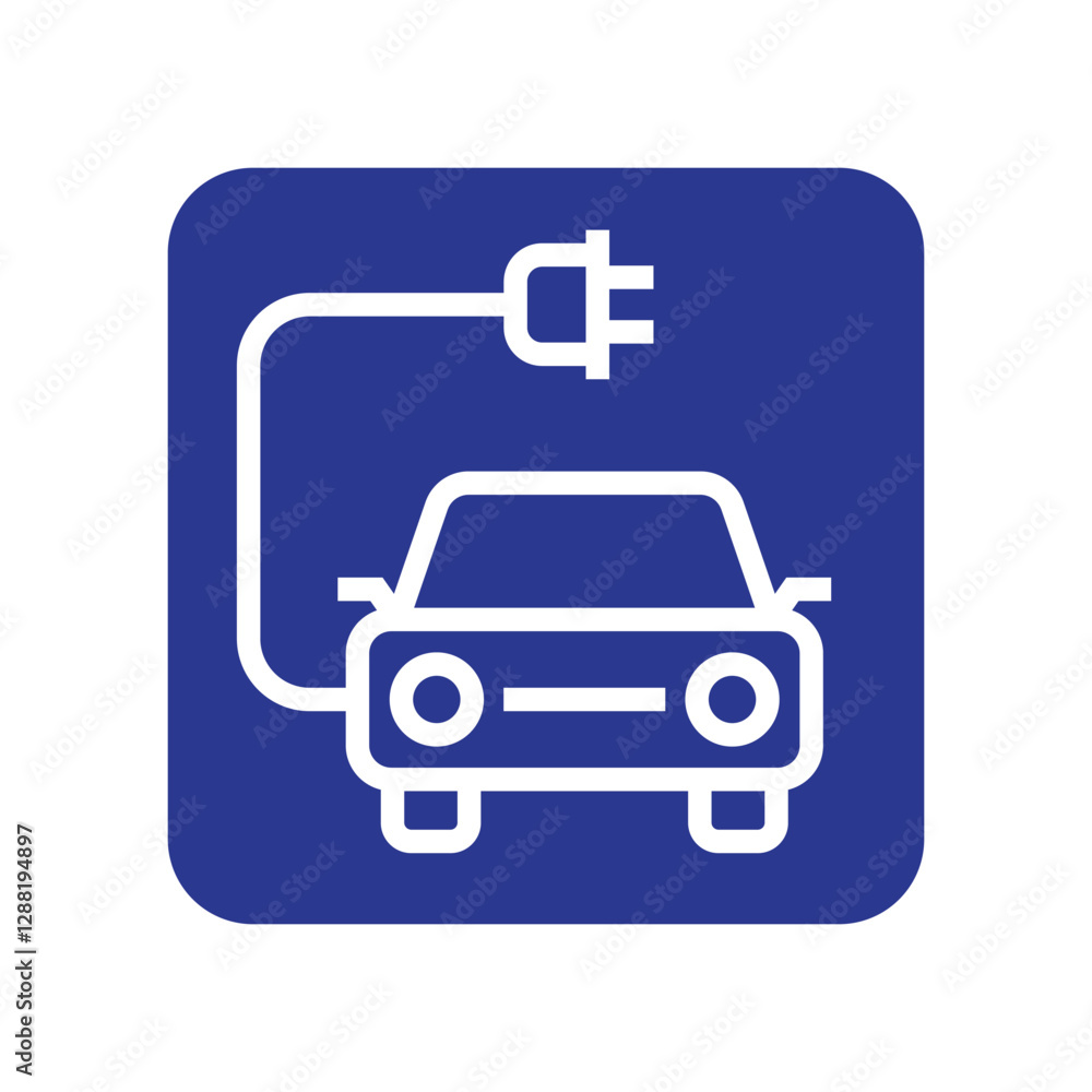 Electric car with plug icon, EV car hybrid vehicles charging point square sign, Eco friendly vehicle concept, Vector illustration Electric car with plug icon, EV car hybrid vehicles charging point square sign, Eco friendly vehicle concept, Vector illustration
