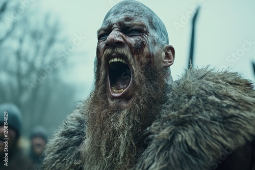 Viking warrior shouts during a fierce battle in a misty forest at dawn