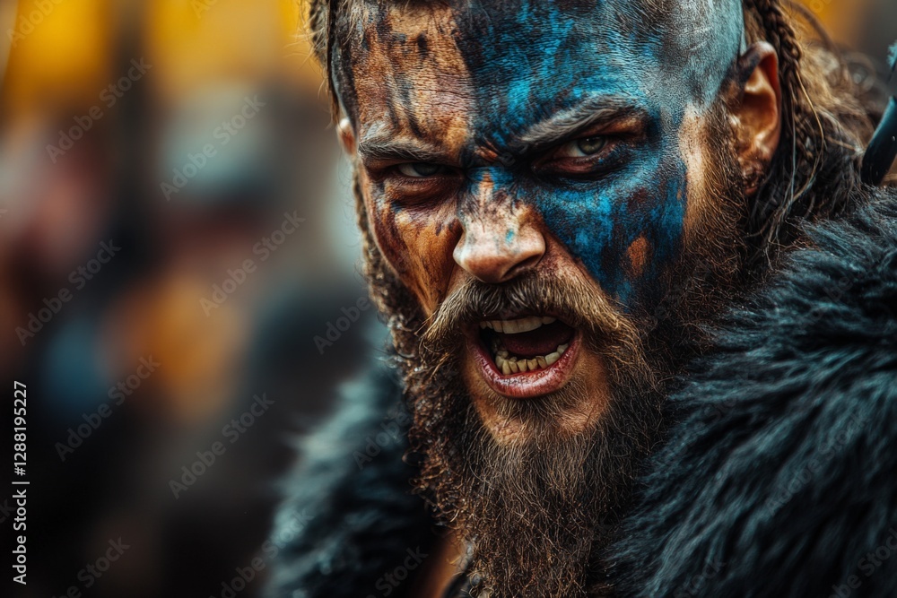 Intense warrior with tribal face paint engages in battle during a historical reenactment festival in autumn Intense warrior with tribal face paint engages in battle during a historical reenactment festival in autumn