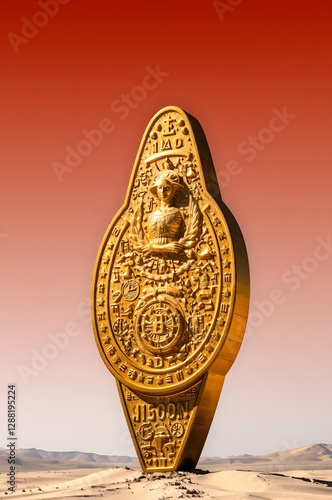 Oversized Golden Coin Serving as a Sundial in a Desert Setting