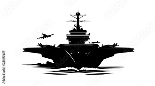 Black and white illustration of a warship. Aircraft carrier.