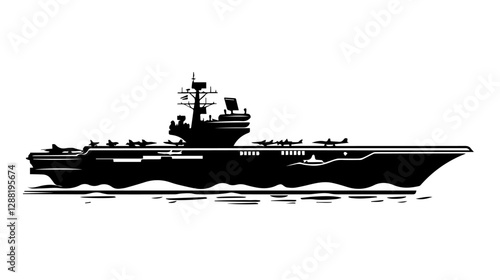 Black and white illustration of a warship. Aircraft carrier.