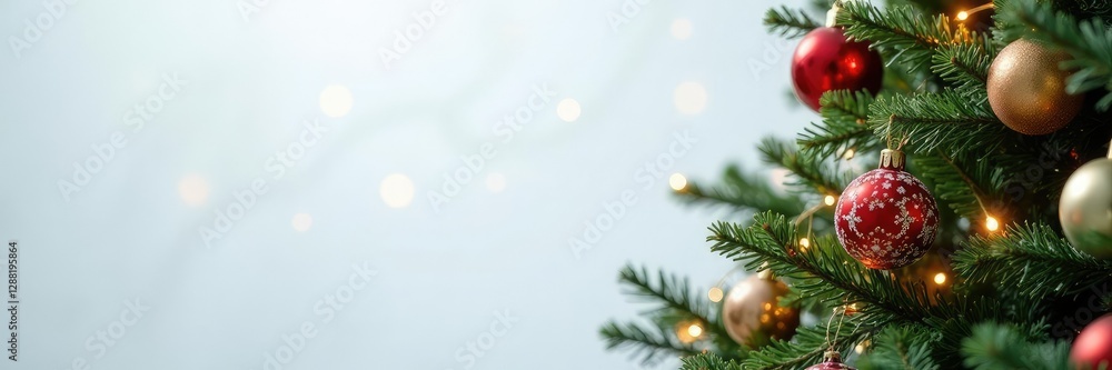 Fototapeta premium A Christmas tree decorated with ornaments and lights on a white background, holiday season, twinkling lights, christmas decorations