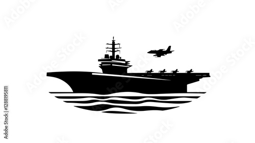Black and white illustration of a warship. Aircraft carrier.
