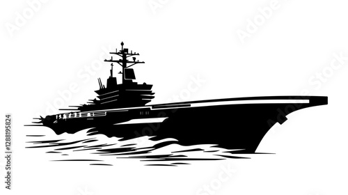 Black and white illustration of a warship. Aircraft carrier.