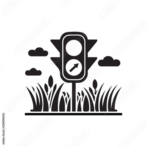 Modern Traffic Light in Grass Icon Silhouette Vector | Urban & Nature Illustration