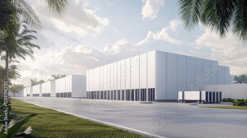 Modern industrial warehouse with clean design and palm trees
