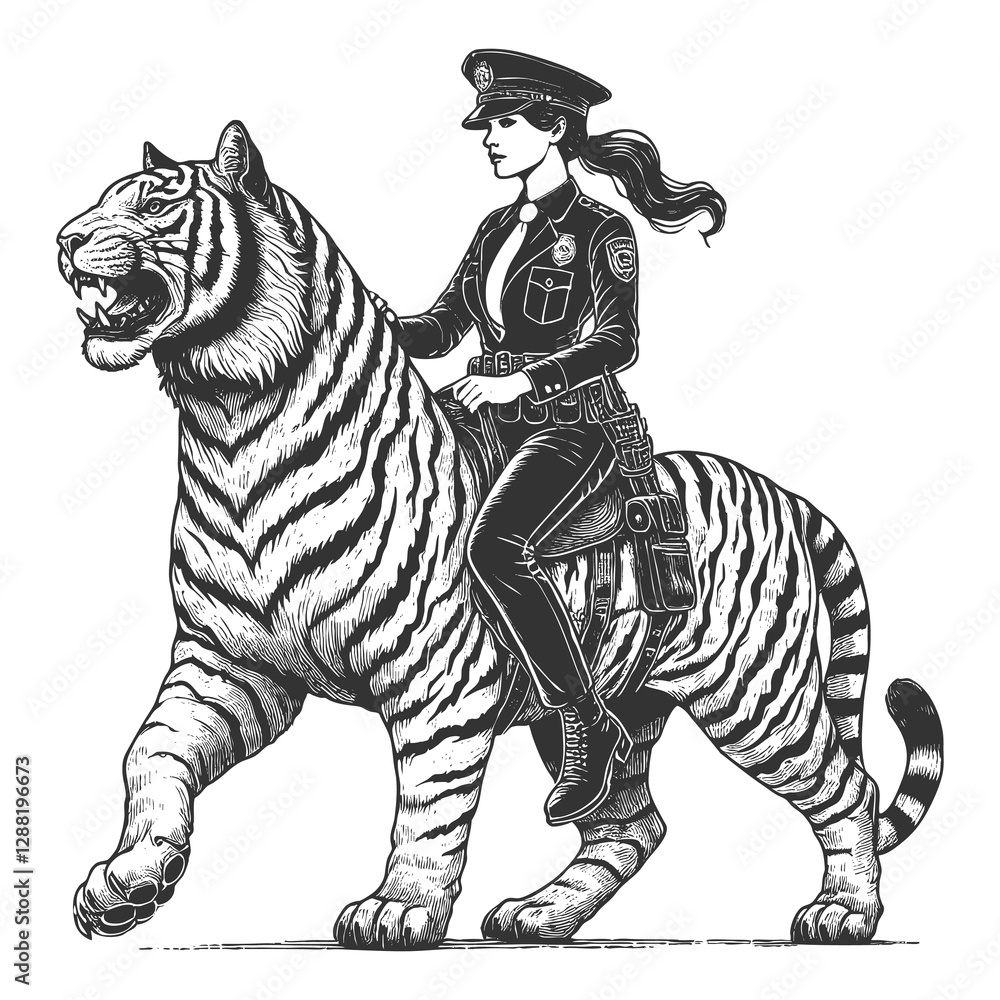 fierce female police officer in uniform riding a massive, roaring tiger, blending fantasy and authority sketch engraving generative ai raster illustration. Scratch board. Black and white image. fierce female police officer in uniform riding a massive, roaring tiger, blending fantasy and authority sketch engraving generative ai raster illustration. Scratch board. Black and white image.