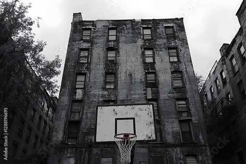 Urban Basketball Court, Gray Building, Cloudy Day, Stock Photo