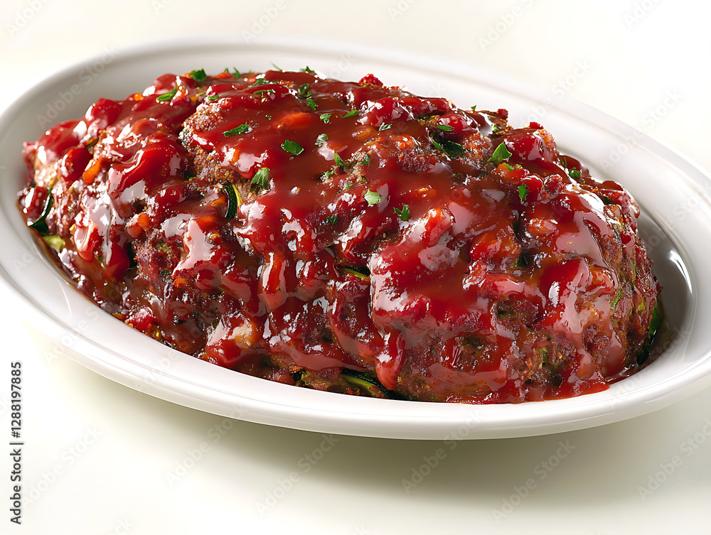 A meatloaf covered in a red tomato-based sauce with herb garnish served on a white oval platter. A meatloaf covered in a red tomato-based sauce with herb garnish served on a white oval platter.