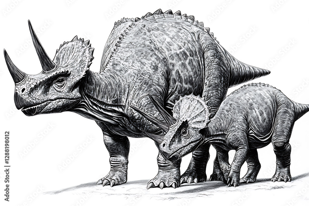 Fototapeta premium Monochrome drawing of an adult Triceratops standing protectively next to a younger smaller Triceratops.