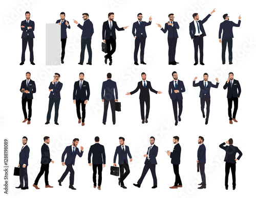 Set of Businessman character in different poses. Business man in formal suit standing and walking with phone, briefcase, banner front, back, side view. Vector isolated