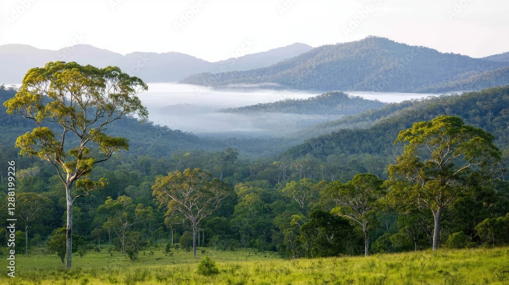 Obraz premium Earth day environmental concept. Breathtaking view of misty mountains surrounded by lush green trees and serene nature.