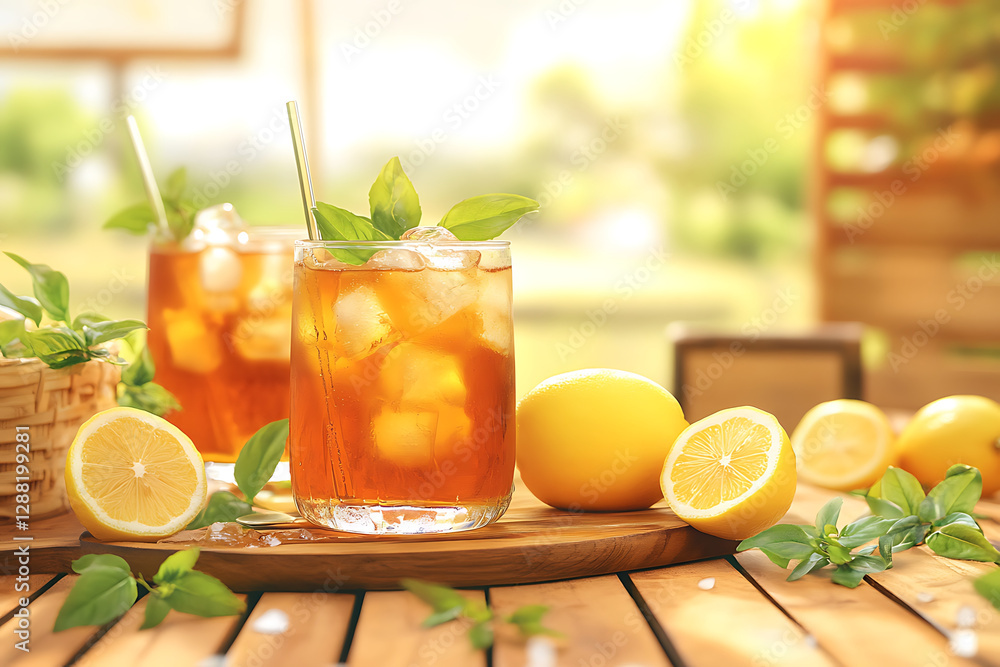 Fototapeta premium Refreshing iced tea with lemons and basil on a wooden table basking in the warm sunlight.