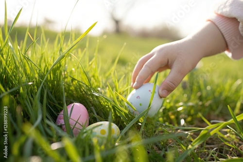 Child hand pick Easter egg from grass. Spring holiday egg hunt