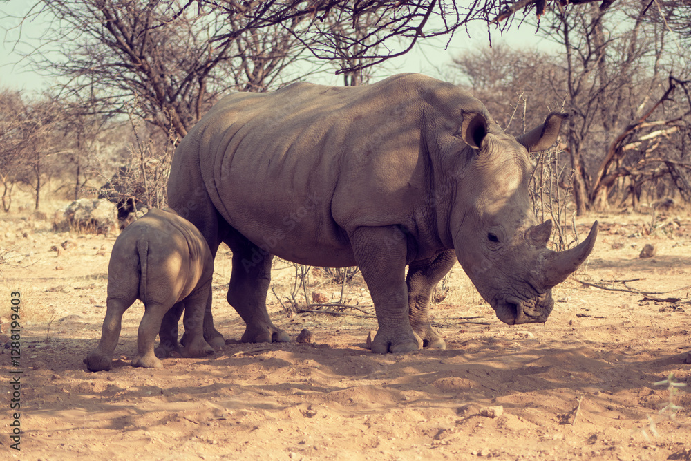 Obraz premium White rhinoceros or square-lipped rhinoceros with her newborn baby in Etosha National Park, Namibia.