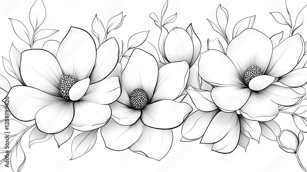 Elegant magnolia flowers botanical art line drawing artistic studio floral design Elegant magnolia flowers botanical art line drawing artistic studio floral design
