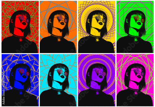Set of eight posters with girls, colorful mandalas, psychedelic poster, colored shadows