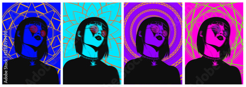 Set of four posters with girls, colorful mandalas, psychedelic poster, colored shadows