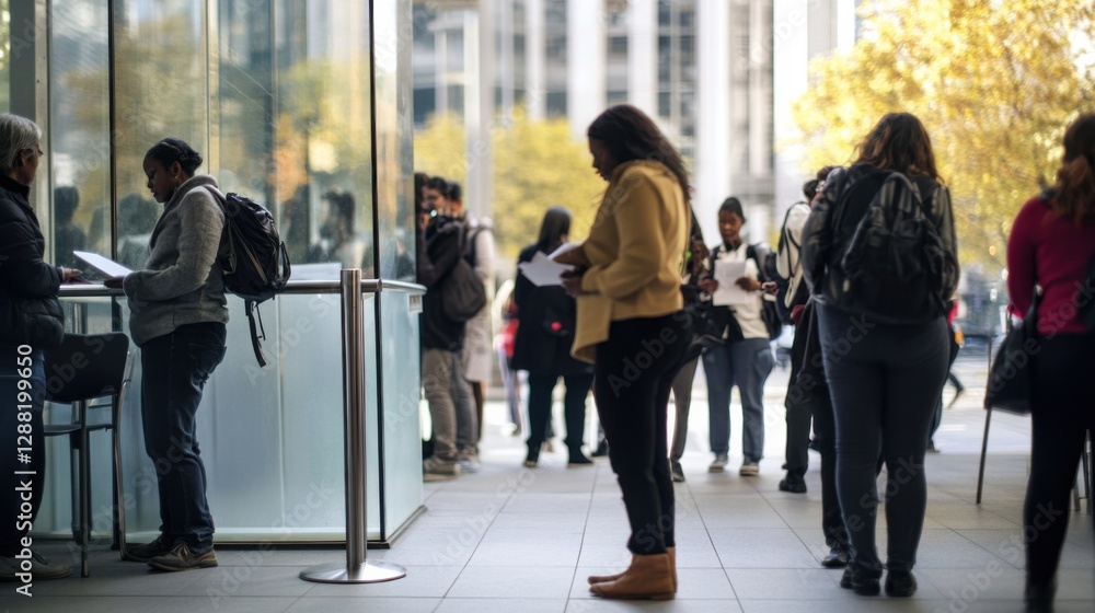 Unemployment line at a busy downtown office. Featuring struggle and determination Unemployment line at a busy downtown office. Featuring struggle and determination
