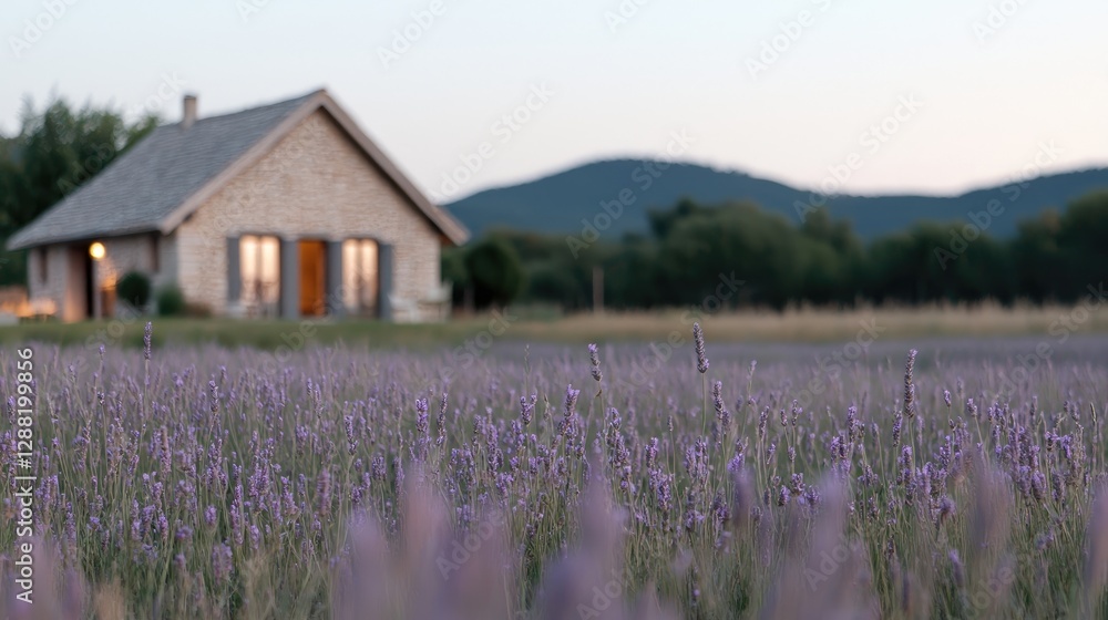 Lavender field in front of a stone house at dusk Lavender field in front of a stone house at dusk
