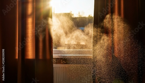 Flying dust at home in the sun on a background of dark curtains.