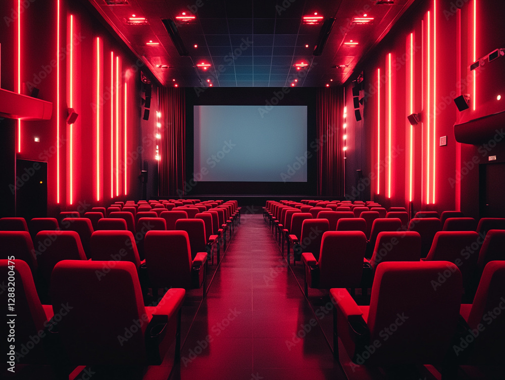Fototapeta premium Modern cinema interior with red lighting and empty seats