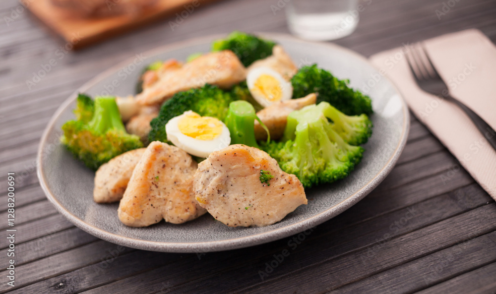Pieces of fried chicken breast with boiled broccoli and quail eggs on plate for lunch Pieces of fried chicken breast with boiled broccoli and quail eggs on plate for lunch