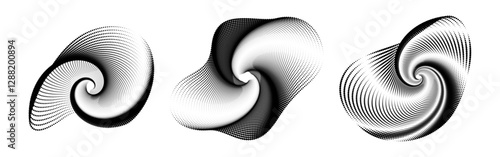 Abstract halftone spiral patterns futuristic dot waveforms.