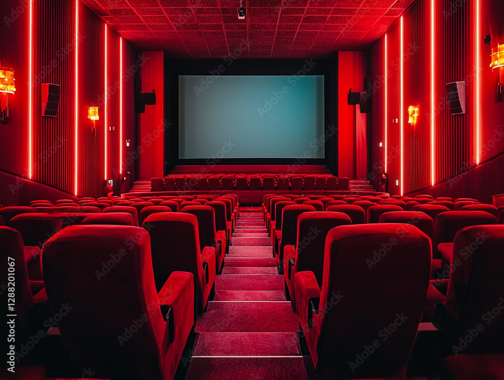 Modern cinema interior with red seats and screen Modern cinema interior with red seats and screen