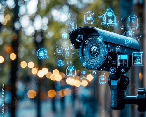 Smart security camera, city park, night, surveillance