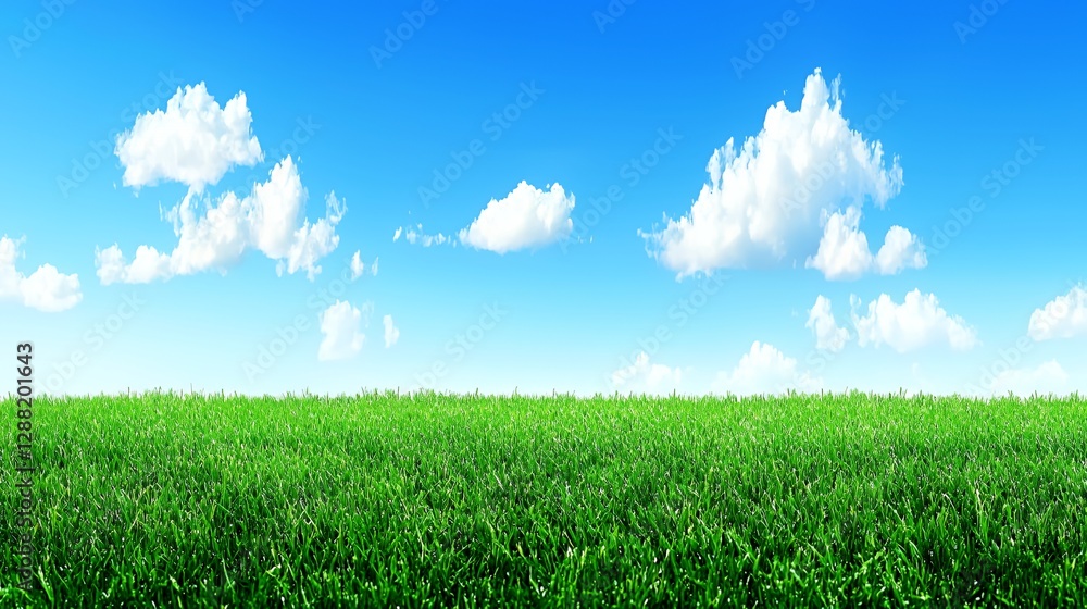 Obraz premium Vibrant Green Grass Field Under a Bright Blue Sky with Fluffy White Clouds