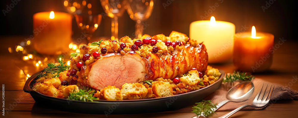 Festive roasted pork loin garnished with cranberries and stuffing presented with candlelight and glassware. Festive roasted pork loin garnished with cranberries and stuffing presented with candlelight and glassware.