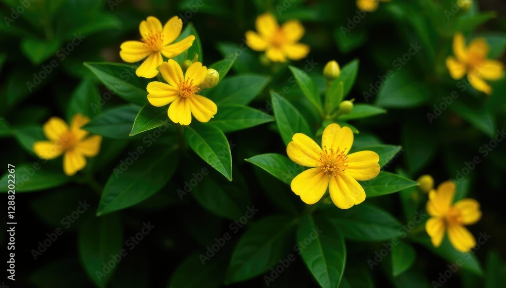 Obraz premium Bush with bright yellow flowers and dark green foliage, blossoms, foliage, nature