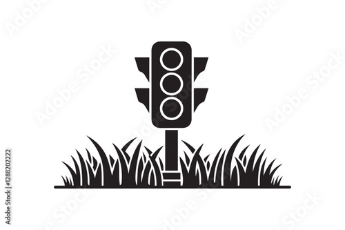 Modern Traffic Light in Grass Icon Silhouette Vector | Urban & Nature Illustration