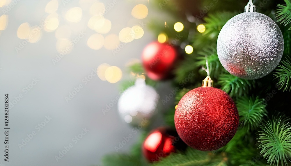 close up view of fir branches with shiny red and silver ball christmas holidays background copy space decoration on christmas tree in christmas festive and happy new year close up view of fir branches with shiny red and silver ball christmas holidays background copy space decoration on christmas tree in christmas festive and happy new year
