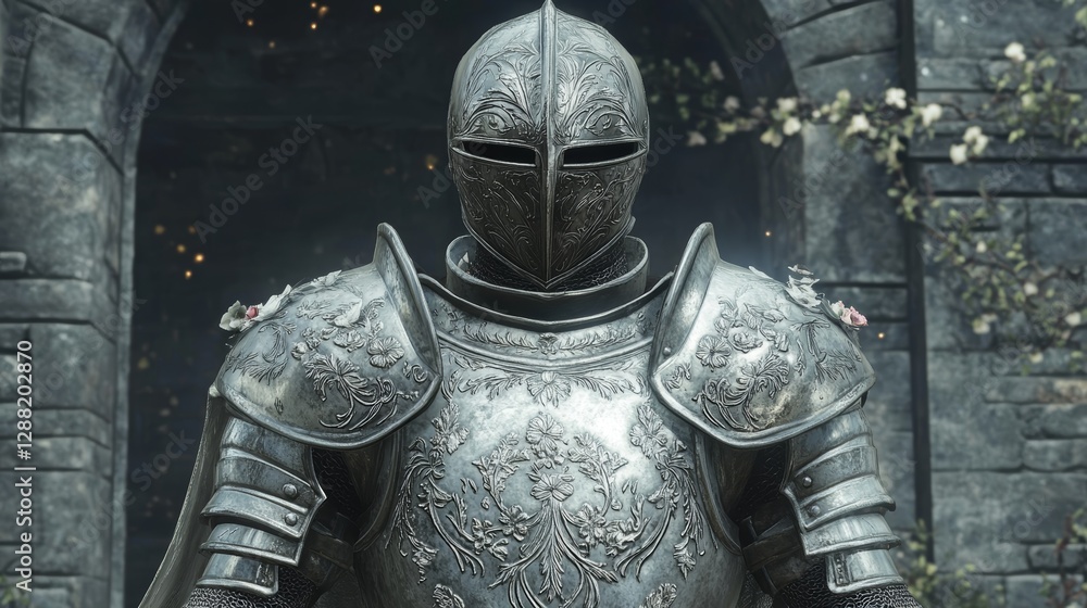 Polished Silver Armor Set with Intricate Floral Engravings and Mystical Background Polished Silver Armor Set with Intricate Floral Engravings and Mystical Background