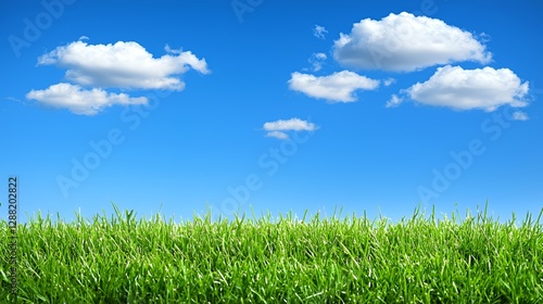 Vibrant Green Grass Field Under a Clear Blue Sky with Fluffy White Clouds