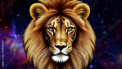 Lion portrait animation against cosmic backdrop: majestic wildlife in digital art