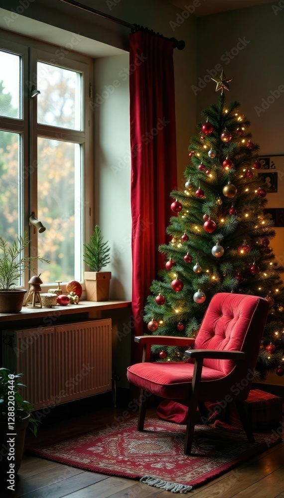 a cozy Christmas study with a tree and festive decorations, ornaments, warm, festive atmosphere a cozy Christmas study with a tree and festive decorations, ornaments, warm, festive atmosphere
